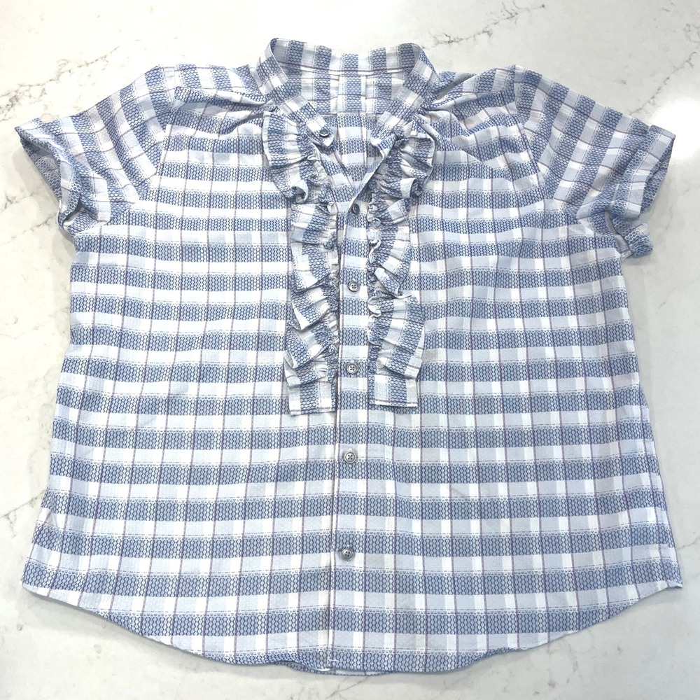 KMJ Kate McHale Jensen Ruffle Front Button Down Shirt XL Blue Purple White Plaid